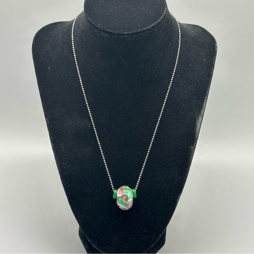 Sterling Silver 925 Italy Art Glass Beaded Jewelry Necklace 17.5" Boho Colorful